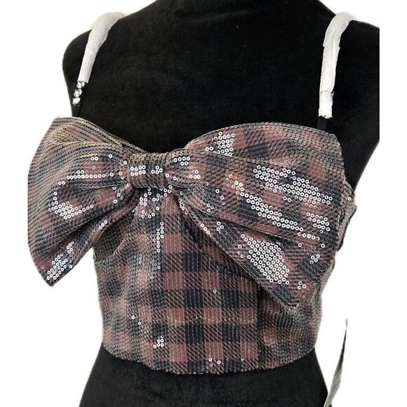 Johnny Wujek Tops - Johnny Wujek Sequin Crop Top Bow Front Zip Back Jrs Sz 11 Plaid Black Brown GLAM